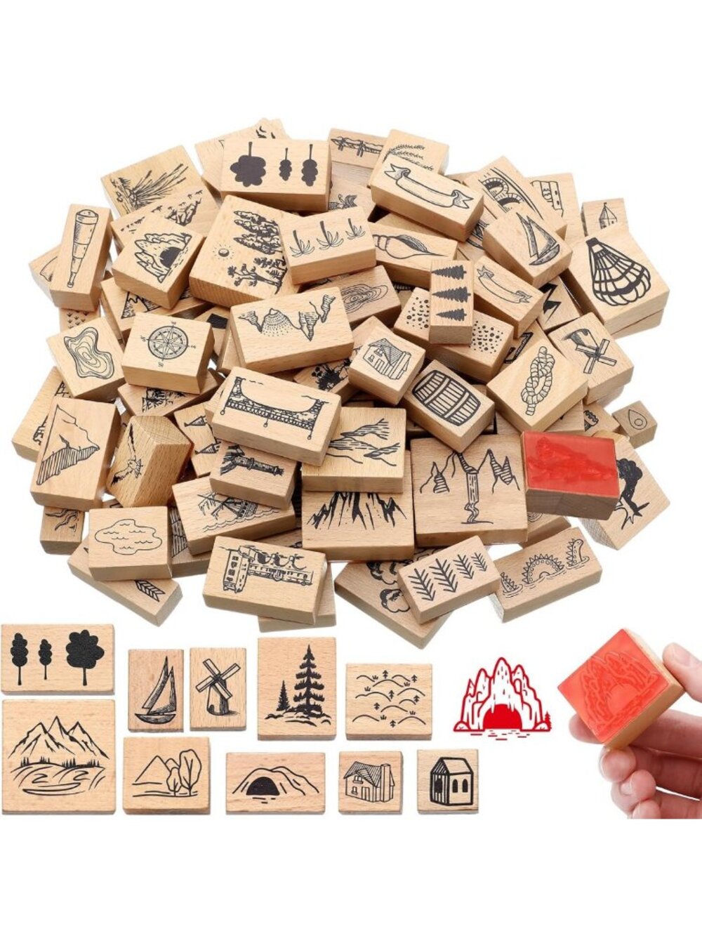 100 Pcs Vintage Map Stamps Kit - Compass, Mountains & Buildings for DIY Crafts